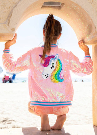 Model Wearing Lola And The Boys Pretty in Pink Unicorn Sequin Bomber