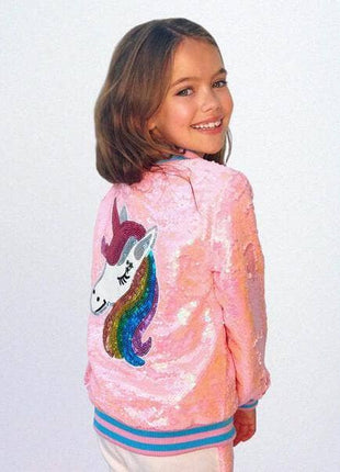 Model Wearing Lola And The Boys Pretty in Pink Unicorn Sequin Bomber