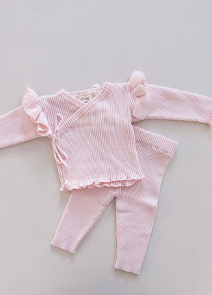 Petite + Co. Ribbed Ruffle Kimono Set | Pink