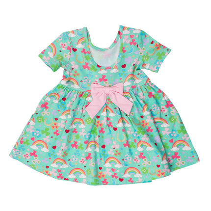 Rufflebutts + Ruggedbutts Girls Green Lucky Day Short Sleeve Knit Twirl Dress Back