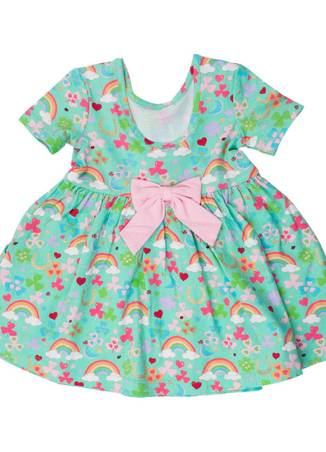 Rufflebutts + Ruggedbutts Girls Green Lucky Day Short Sleeve Knit Twirl Dress Back