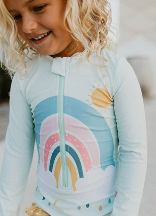 Model Wearing Oopsie Daisy Kids Mint Rainbow Zip Rash Guard One Piece Swimsuit