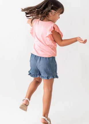 Model Wearing Rufflebutts and Ruggedbutts Light Wash Denim Ruffled Skort