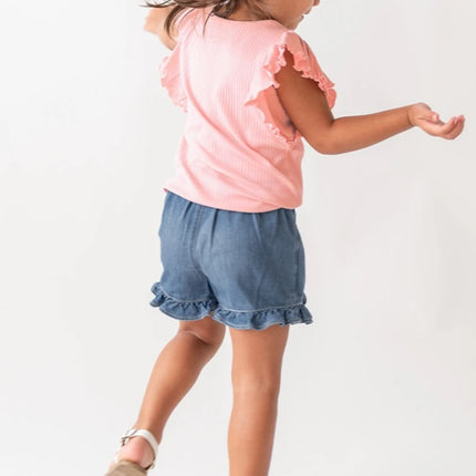 Model Wearing Rufflebutts and Ruggedbutts Light Wash Denim Ruffled Skort