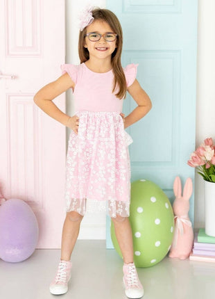 Model Wearing Sweet Wink Pink Ditsy Daisy Easter Tiered Short Sleeve Tutu Dress -Kids