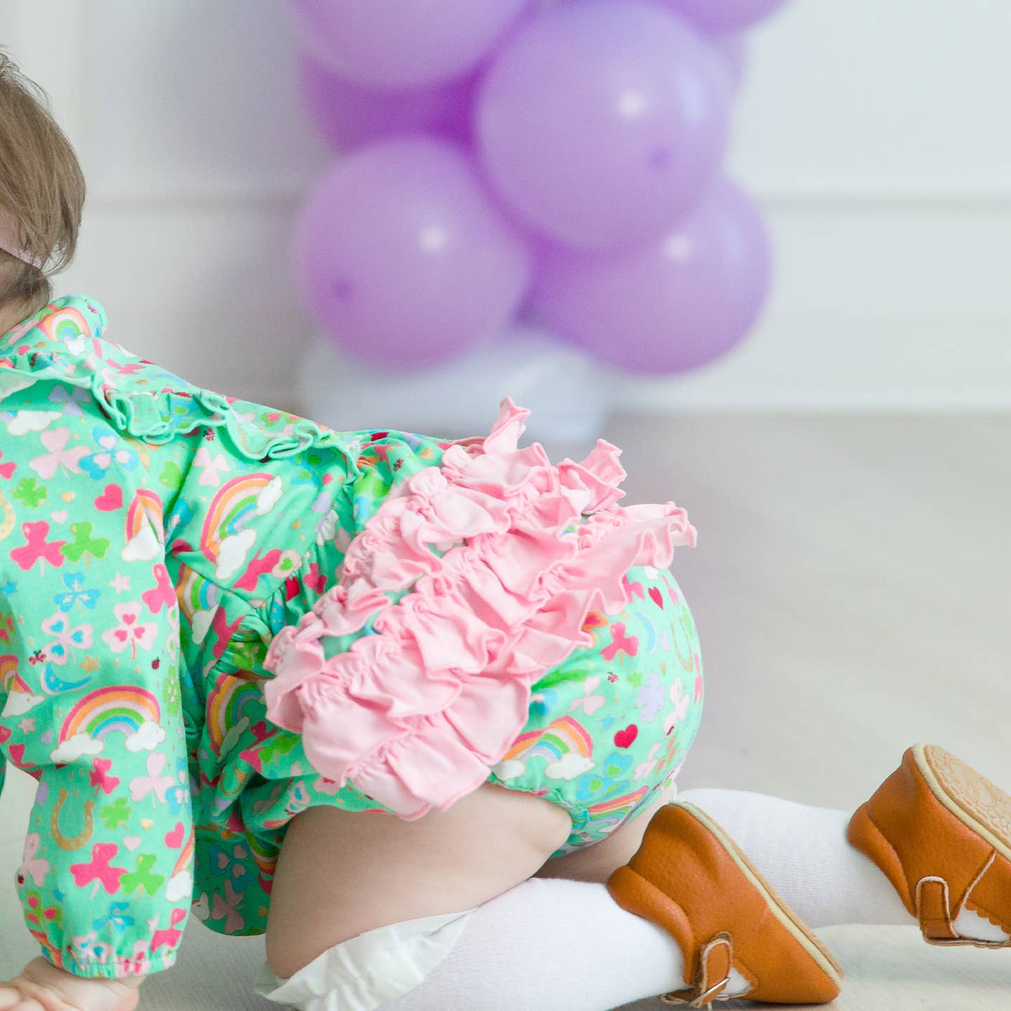 Rufflebutts + Ruggedbutts Baby Girls Green Lucky Day Knit Long Sleeve Waterfall Bubble Romper Ruffle View