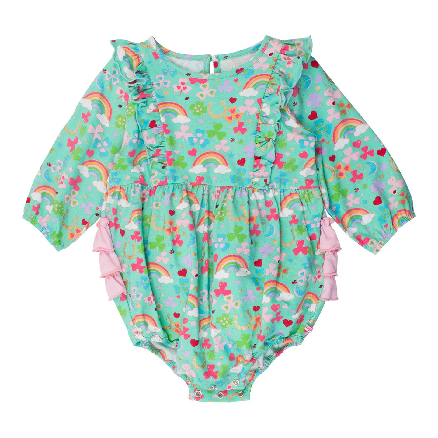Rufflebutts + Ruggedbutts Baby Girls Green Lucky Day Knit Long Sleeve Waterfall Bubble Romper Front