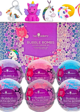 Two Spa Sisters Unicorn Kids Bath Bombs Gift Set with Toys Inside – 6 Pack