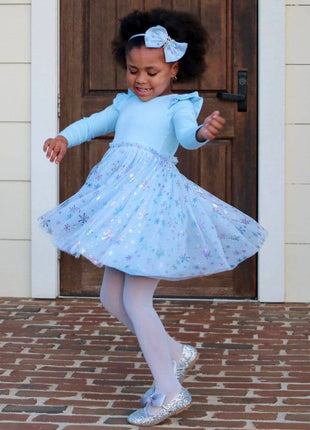 Model Twirling in Sweet Wink Snow Princess Iridescent Long Sleeve Tutu Dress- Kids Winter