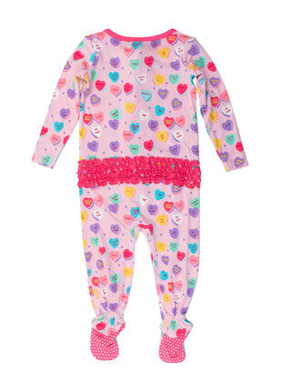 Rufflebutts + Ruggedbutts Baby Girls Be My Valentine Bamboo Viscose Footed Ruffle One Piece Pajama Back