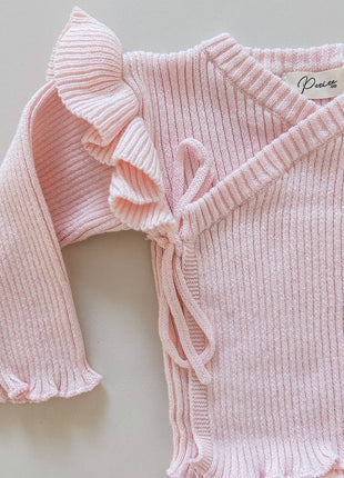 Petite + Co. Ribbed Ruffle Kimono Set | Pink Close Up