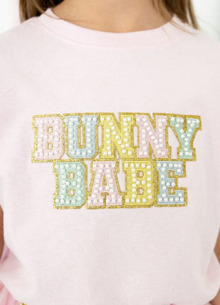 Model Wearing Sweet Wink Bunny Babe Patch Easter Short Sleeve T-Shirt - Ballet - Kids