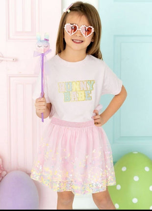 Model Wearing Sweet Wink Bunny Babe Patch Easter Short Sleeve T-Shirt - Ballet - Kids