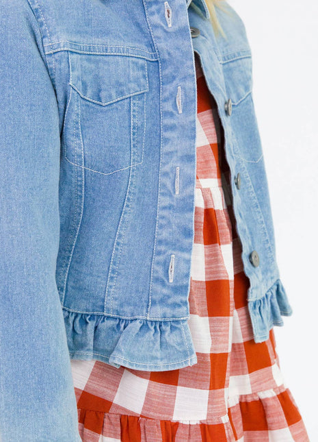 Model Wearing Rufflebutts + Ruggedbutts Girls Light Wash Ruffle Denim Jacket