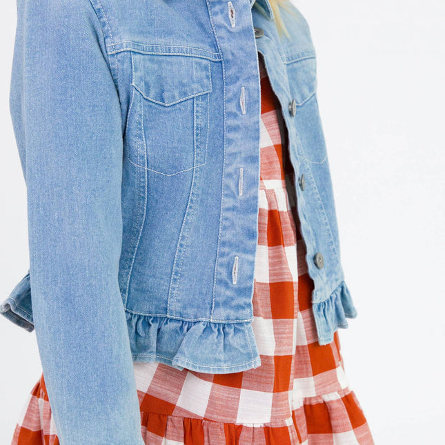 Model Wearing Rufflebutts + Ruggedbutts Girls Light Wash Ruffle Denim Jacket