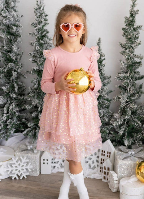 Model Wearing Sweet Wink Blush Shimmer Christmas Long Sleeve Tutu Dress