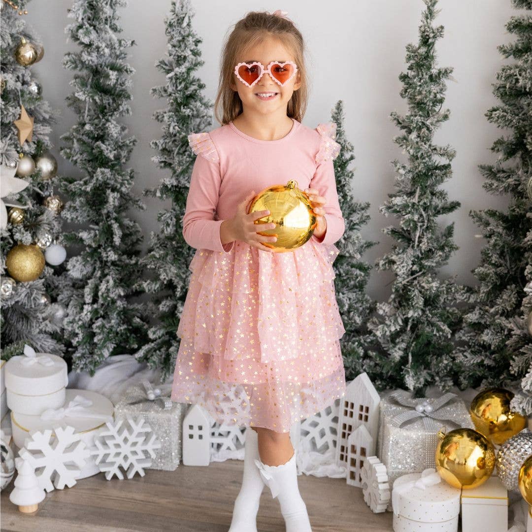 Model Wearing Sweet Wink Blush Shimmer Christmas Long Sleeve Tutu Dress