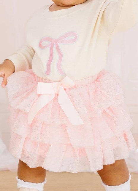 Baby Model Wearing Sweet Wink Ballet Bow Tiered Tutu - Kids Dress Up Skirt - Coquette