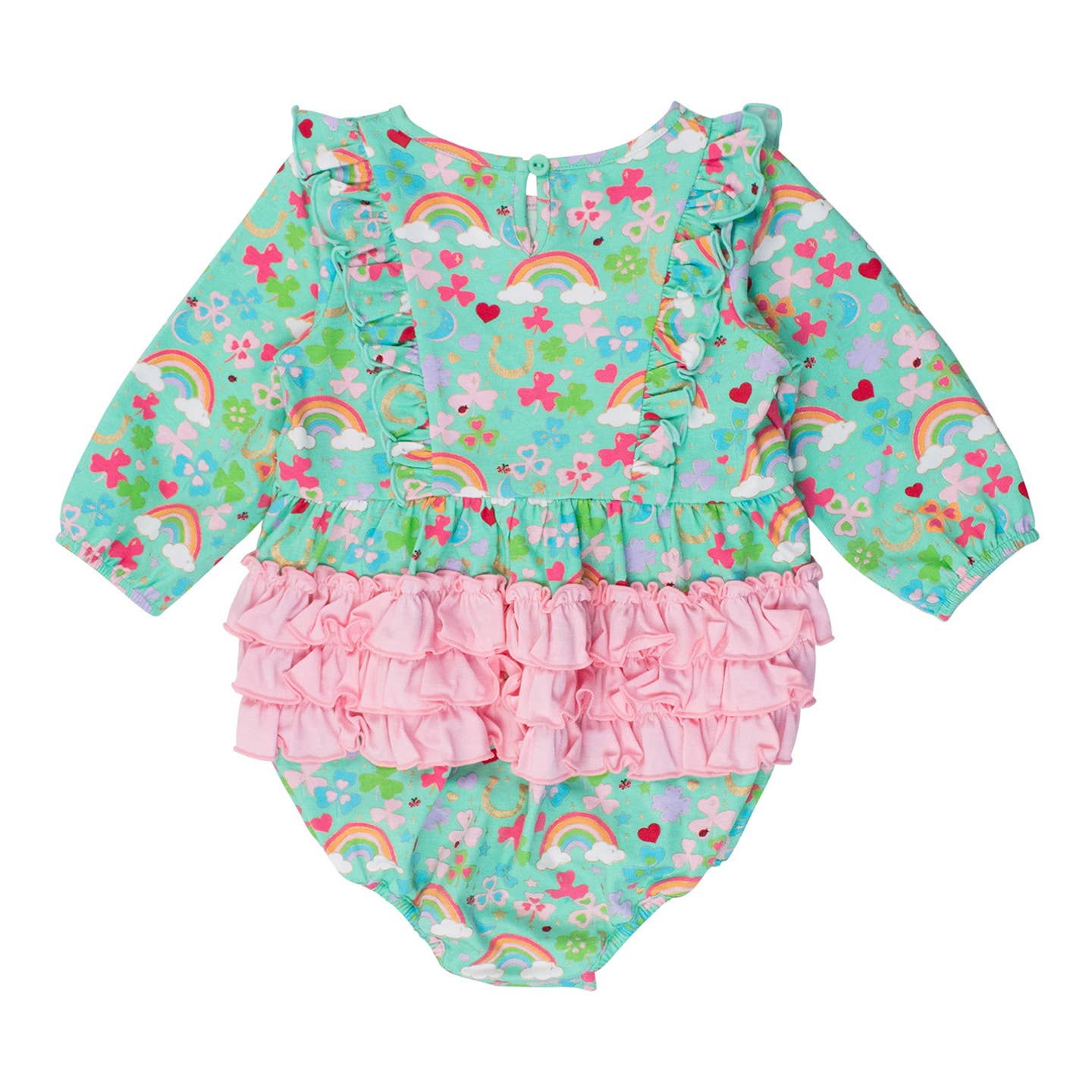 Rufflebutts + Ruggedbutts Baby Girls Green Lucky Day Knit Long Sleeve Waterfall Bubble Romper Back