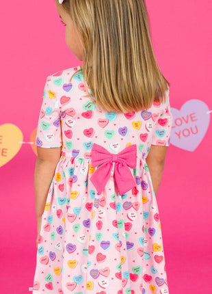 Model Wearing Rufflebutts + Ruggedbutts Girls Be My Valentine Short Sleeve Knit Twirl Dress