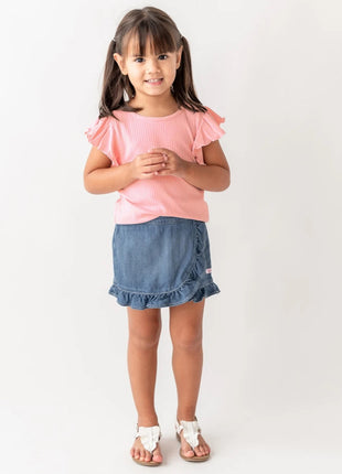 Model Wearing Rufflebutts and Ruggedbutts Light Wash Denim Ruffled Skort
