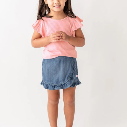 Model Wearing Rufflebutts and Ruggedbutts Light Wash Denim Ruffled Skort
