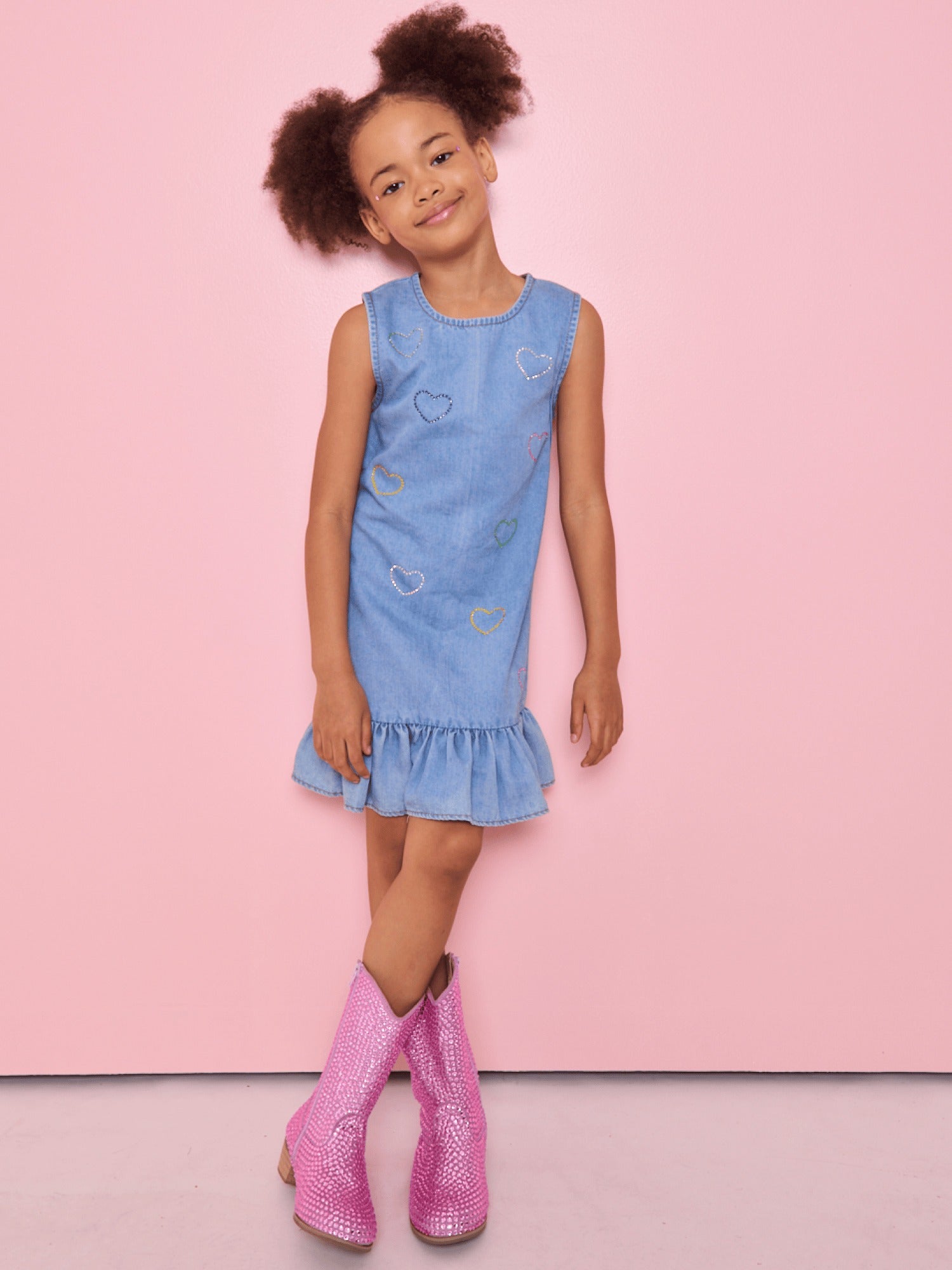Model Wearing Lola And The Boys Crystal Rainbow Heart Denim Dress