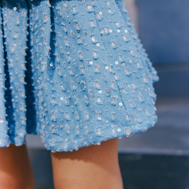 Pleated Light Denim Sparkle Skirt