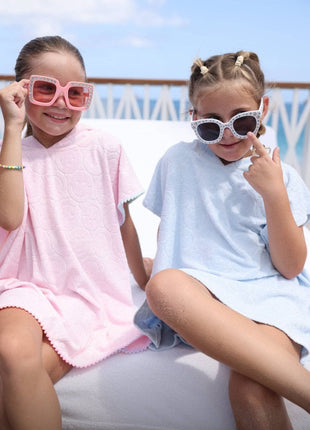 Models Wearing Lola And The Boys Embossed Emoji Terry Poncho