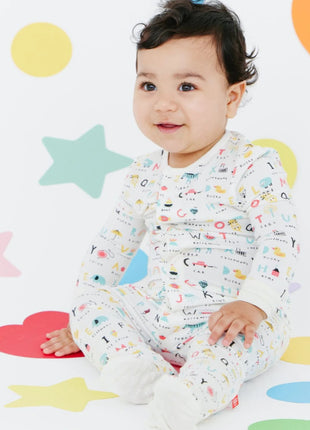 Infant wearing Magnetic Me abc love modal magnetic parent favorite footie