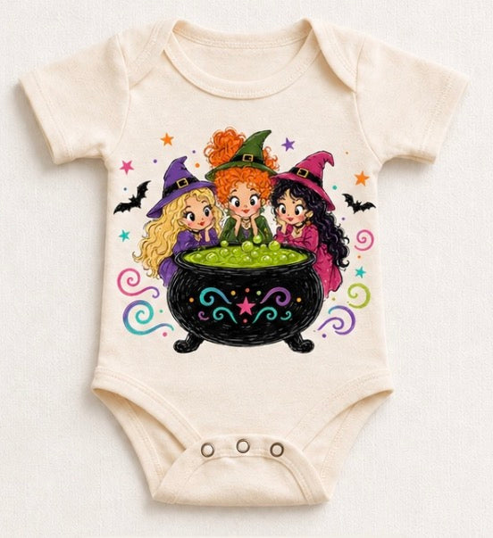 Madi Moosh Kids Halloween Three Witches Cauldron Graphic Tee – Cute Spooky Witch Shirt