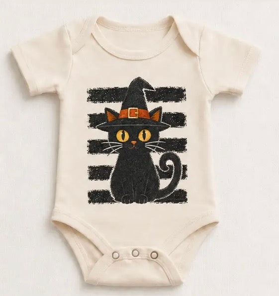 Madi Moosh Kids Black Cat Halloween Shirt, Witch Hat Toddler Tee, Spooky Vintage Fall Graphic