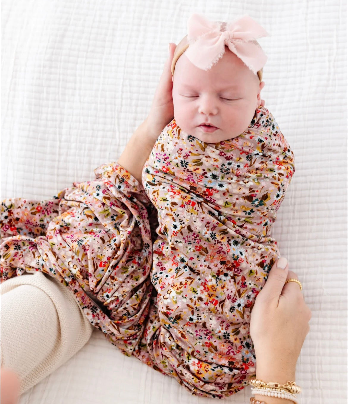Model Wearing Lou Lou & Company Penelope Swaddle Blanket