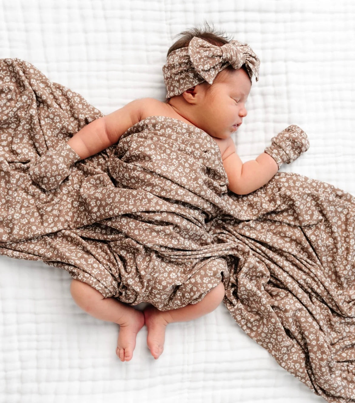 Model Wearing Lou Lou & Company Eden Swaddle Blanket