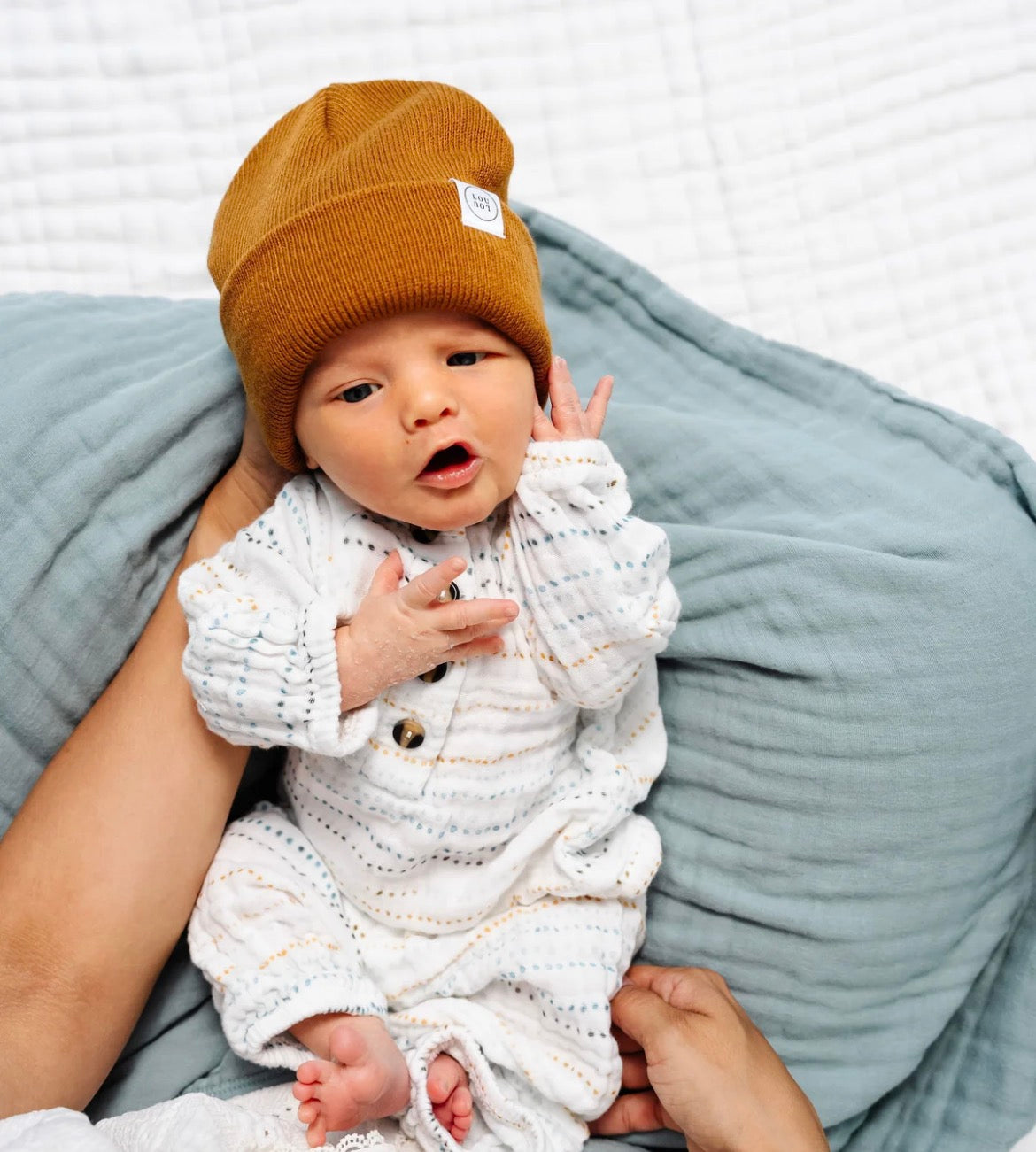 Model Wearing Lou Lou & Company Beanie - Camel Brown