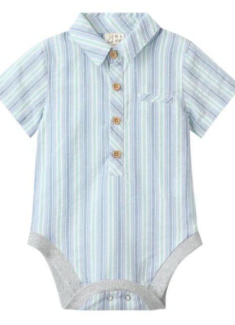 Me & Henry Helford Woven Onesie - Chambray/Mint Stripe