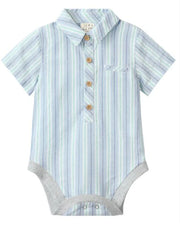 Me & Henry Helford Woven Onesie - Chambray/Mint Stripe