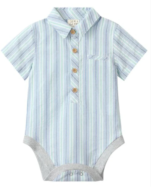 Me & Henry Helford Woven Onesie - Chambray/Mint Stripe