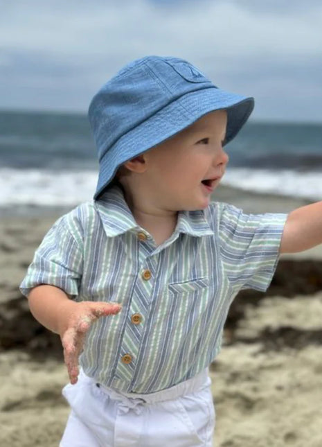 Model Wearing Me & Henry Helford Woven Onesie - Chambray/Mint Stripe