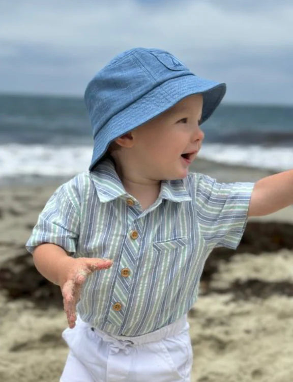 Model Wearing Me & Henry Helford Woven Onesie - Chambray/Mint Stripe