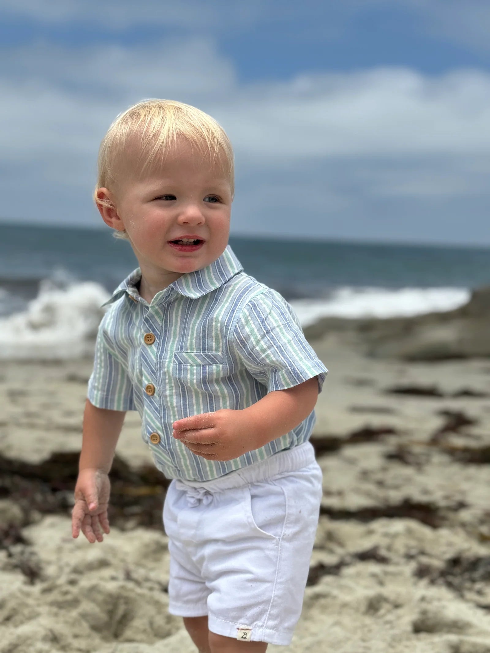Model Wearing Me & Henry Helford Woven Onesie - Chambray/Mint Stripe