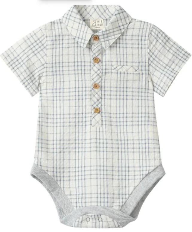 Me & Henry Helford Woven Onesie -Chambray Cream Plaid