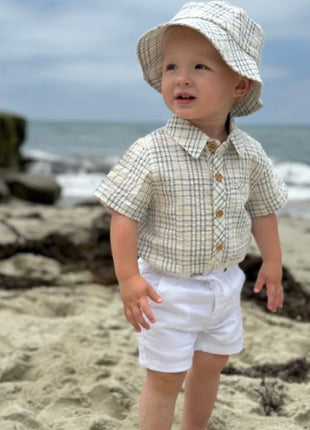 Model Wearing Me & Henry Helford Woven Onesie -Chambray Cream Plaid