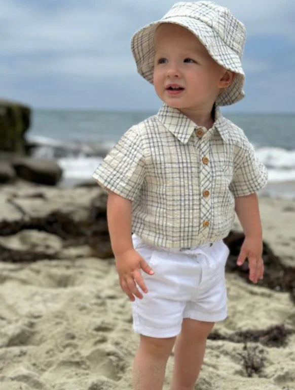 Model Wearing Me & Henry Helford Woven Onesie -Chambray Cream Plaid