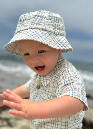 Model Wearing Me & Henry Helford Woven Onesie -Chambray Cream Plaid