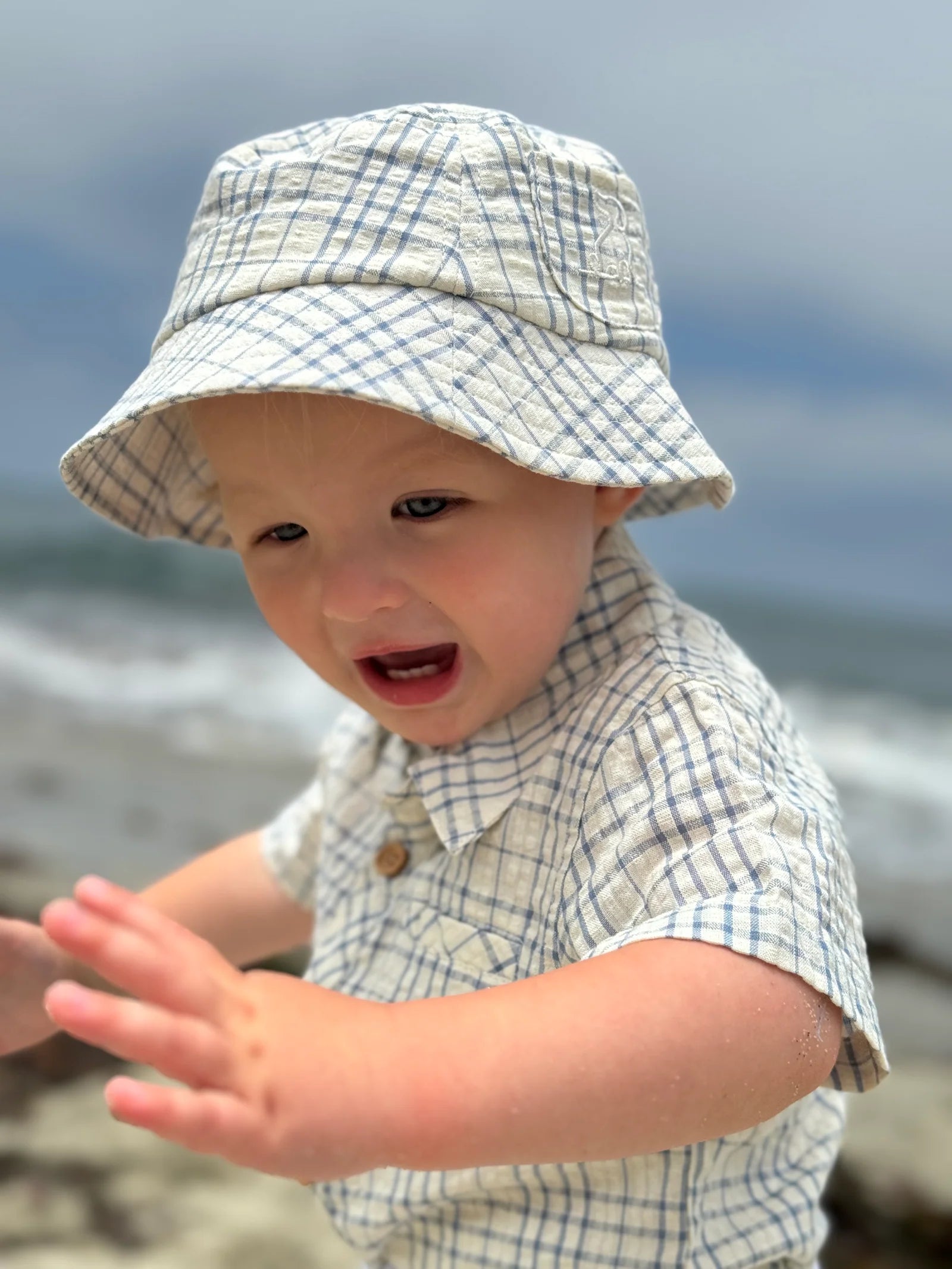 Model Wearing Me & Henry Helford Woven Onesie -Chambray Cream Plaid