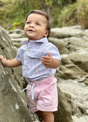 Model Wearing Helford Woven Onesie - Pink/Blue/Lilac