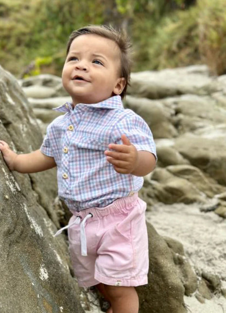 Model Wearing Helford Woven Onesie - Pink/Blue/Lilac