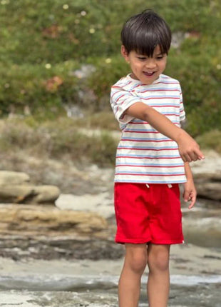 Model Wearing Me & Henry Marine Tee - Red/Blue/Cream