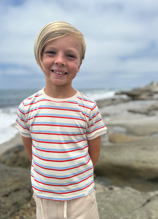 Model Wearing Me & Henry Marine Tee - Red/Blue/Cream